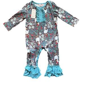 Pete + Lucy Girls 12-18 Month Floral Swan Printed Ruffle Romper Outfit Blue Gray